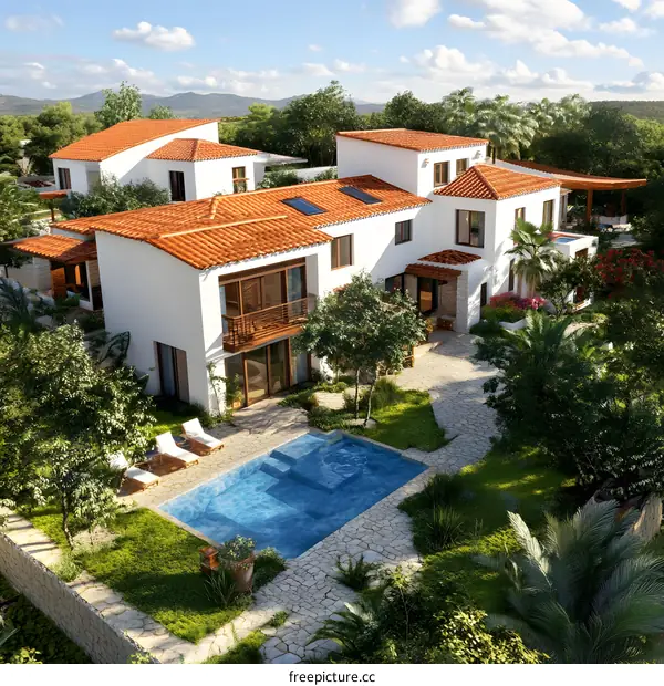 Aerial View of a White House with Red Tile Roof and Swimming Pool