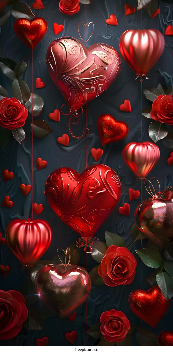 3D red heart balloons and roses