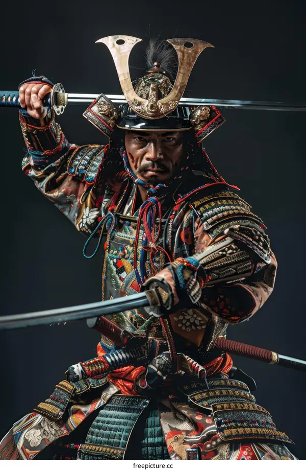 Portrait of a samurai warrior wearing traditional armor and wielding two katanas