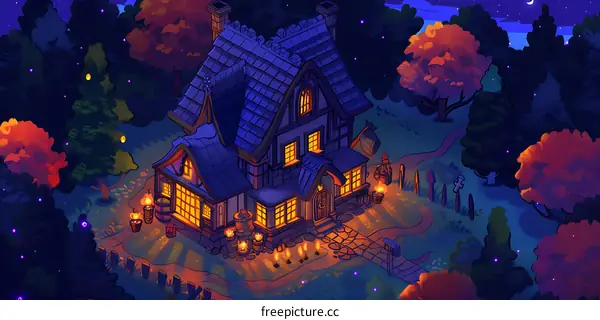 Nighttime View of a Cozy Cottage in the Woods