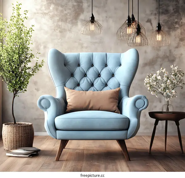 Elegant Light Blue Wingback Chair in Modern Living Room