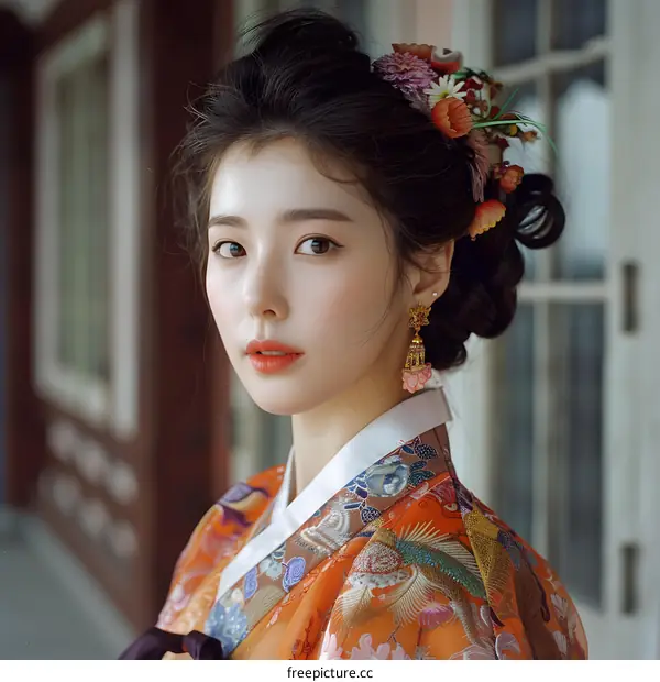 Portrait of a young Korean woman in traditional Hanbok dress