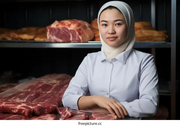 Portrait of a young woman wearing a hijab and working in a meat processing plant