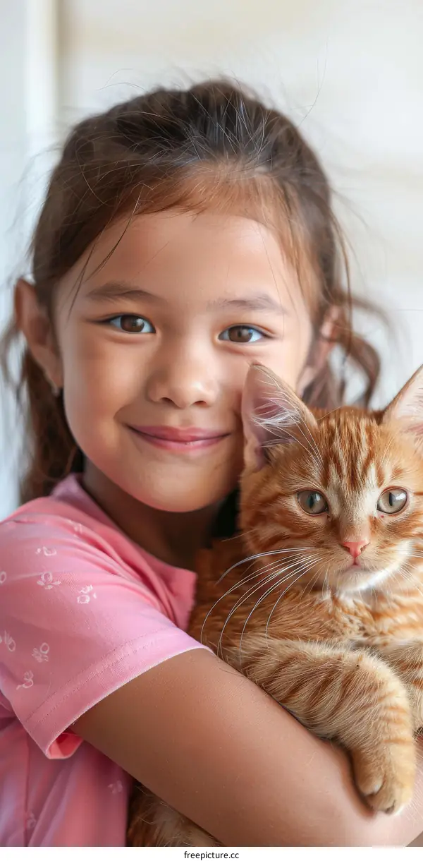 A girl hugging an orange cat
