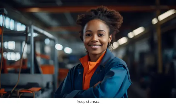 Smiling Portrait of a Young African-American Woman in Blue Jumpsuit on Factory Floor