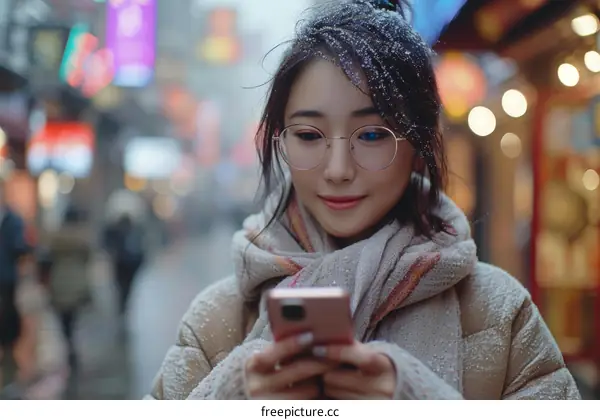 Woman using smartphone in snowy city street