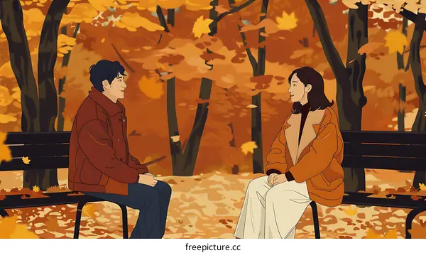 Couple Sitting On Bench In Autumn Park