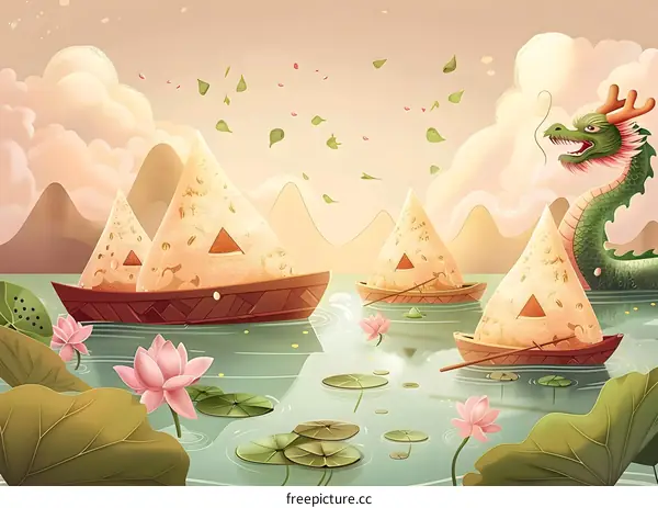 Dragon Boat Festival celebration with zongzi in boats