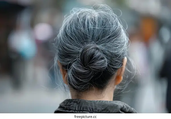 A woman with gray hair in a bun