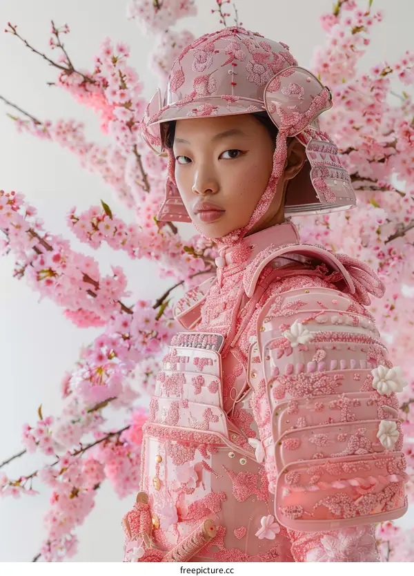 A young woman wearing a pink samurai armor stands in front of a cherry blossom tree