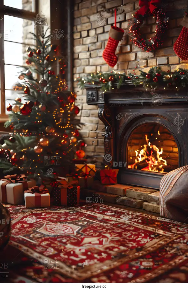 Christmas tree by the fireplace