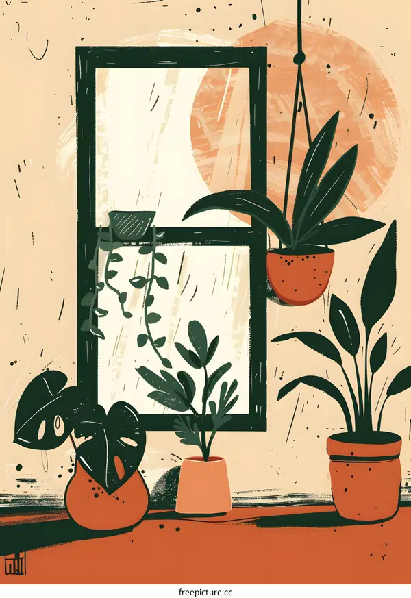 Window with Green Plants and Potted Plants Illustration