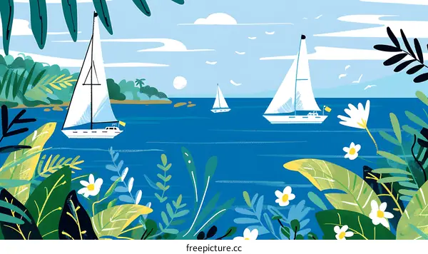 Summertime Sailboats In Lush Tropical Landscape