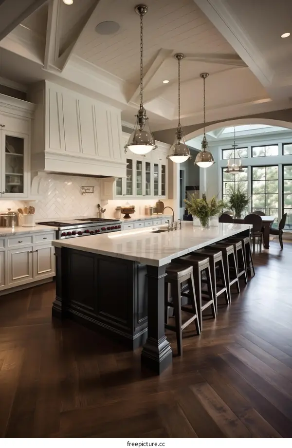 Modern Farmhouse Kitchen With White Cabinets and Dark Wood Floors