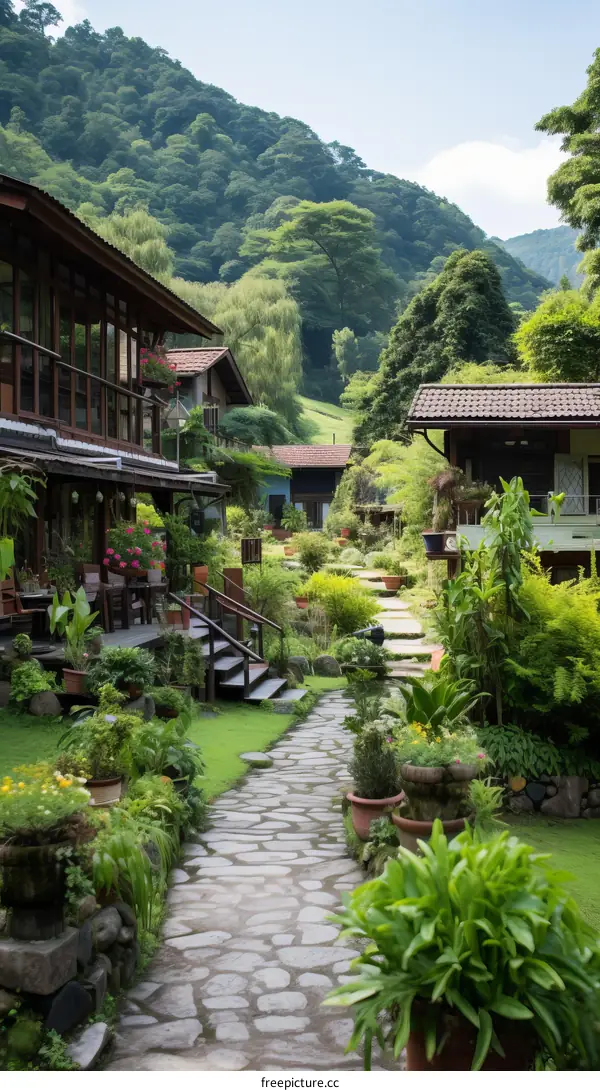Stone path through a lush green garden
