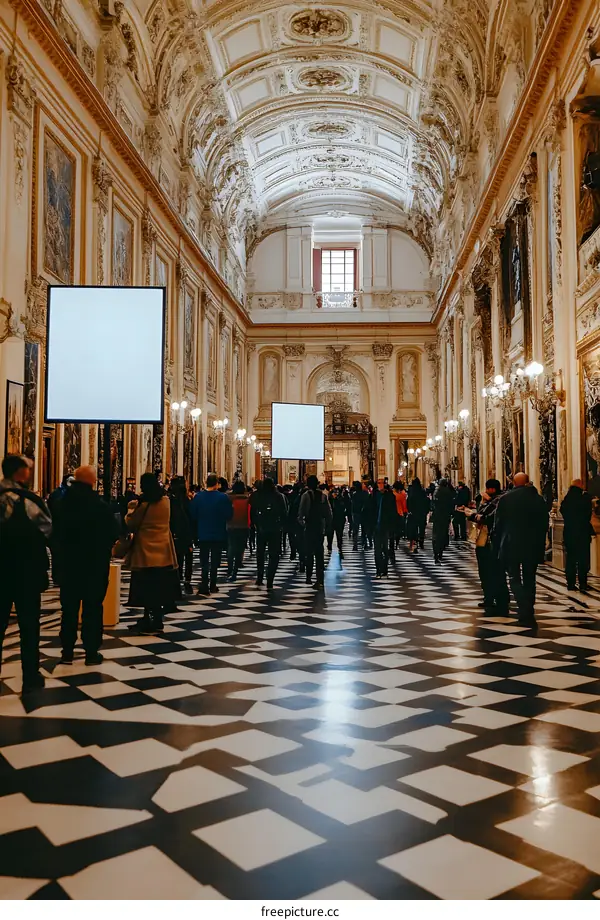 People Walking Through A Large Hallway With Checkered Floor