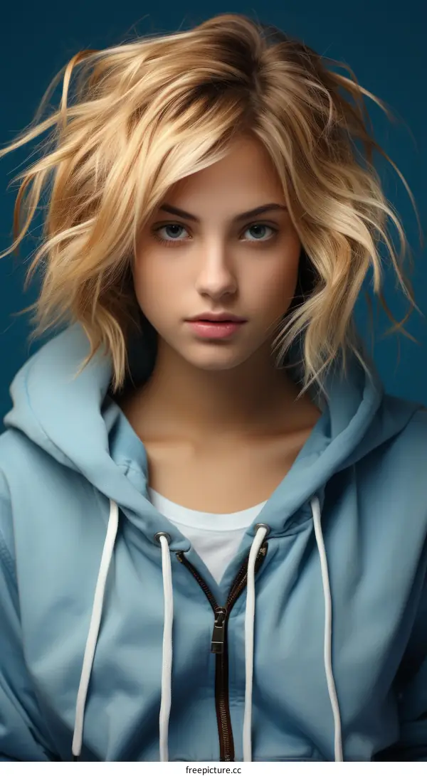 Portrait of a Beautiful Blonde Woman in a Blue Hoodie