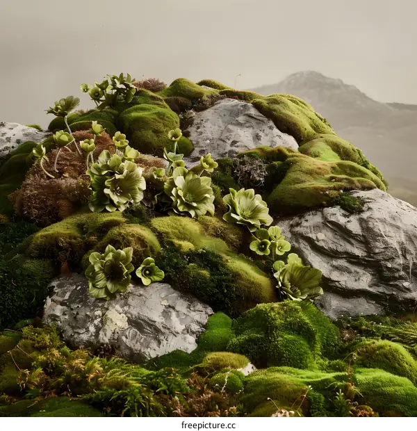 Green Mossy Rocks with Flowers