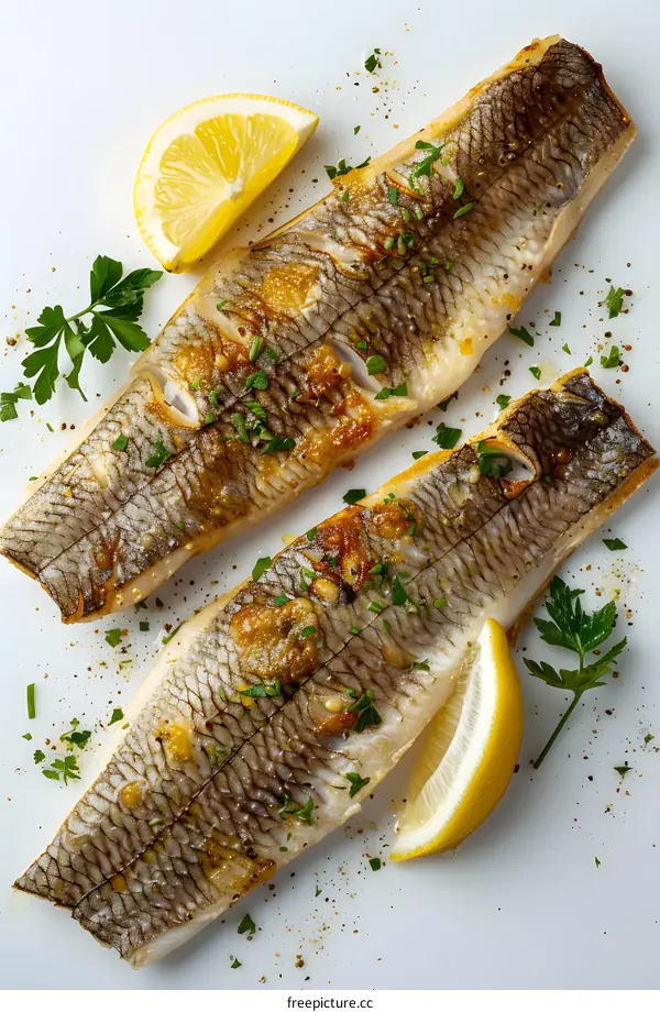 Two pieces of grilled fish with lemon and parsley