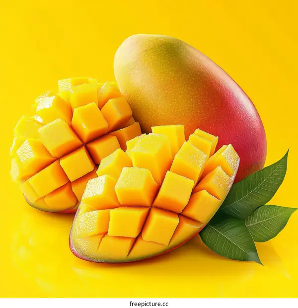 Freshly Cut Mangoes on Yellow Background
