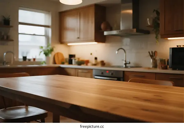 Modern kitchen with wooden table and appliances for cooking