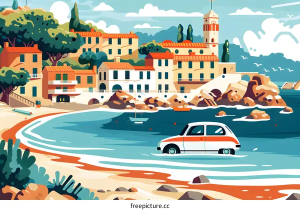 Coastal Village Illustration with Car and Seagulls