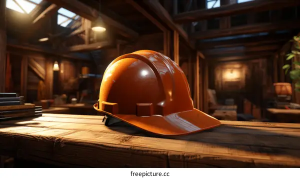 Orange hard hat on a wooden table in a workshop