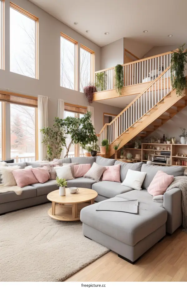 A Cozy Living Room with Sectional Sofa, Coffee Table, Rug, Plants, and Stairs to a Loft Space