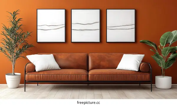 Modern Living Room Interior Design with Orange Walls