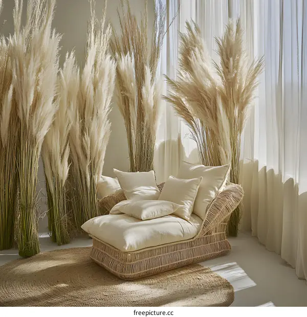 Rattan Sofa with Cushions and Pampas Grass in a Modern Living Room