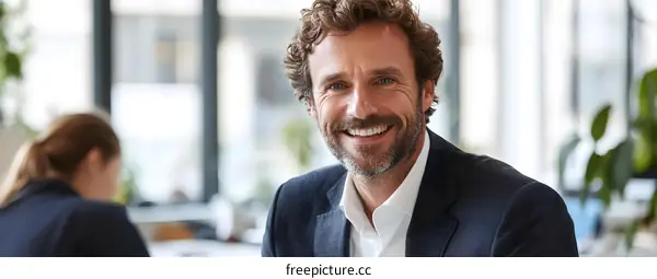 Smiling Caucasian Man in a Blue Blazer in a Modern Office Setting