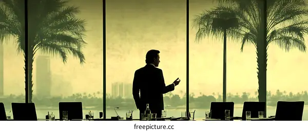 Silhouette of Businessman Standing in a Conference Room With Palm Trees in the Background