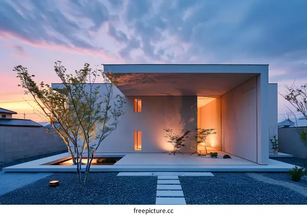 Minimalist Modern House with Stone Patio and Lush Greenery