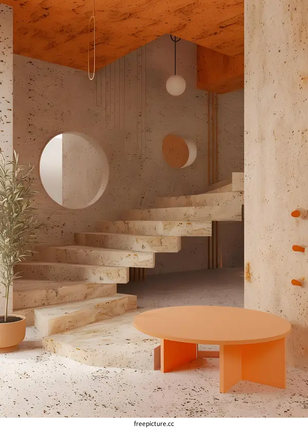 Minimalist Interior Design with Circular Windows and Orange Accents