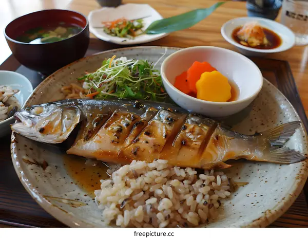 Grilled fish set meal with rice and vegetables