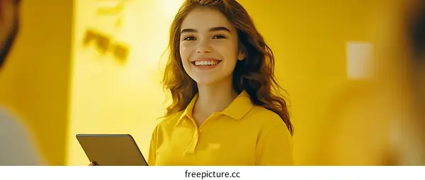 Smiling Woman in Yellow Shirt Holding Tablet