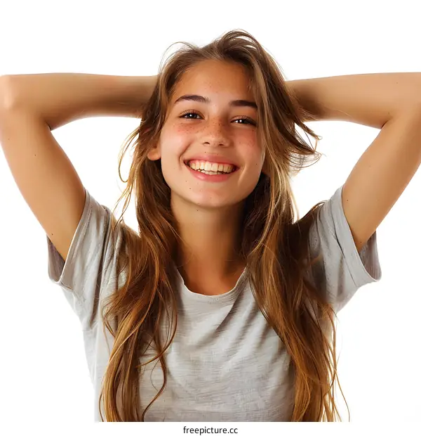 Smiling Woman with Freckles and Long Hair