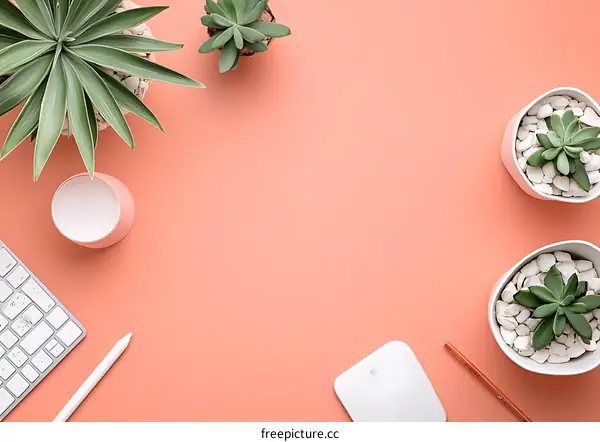 Minimalist Workspace with Succulents and a Pink Background