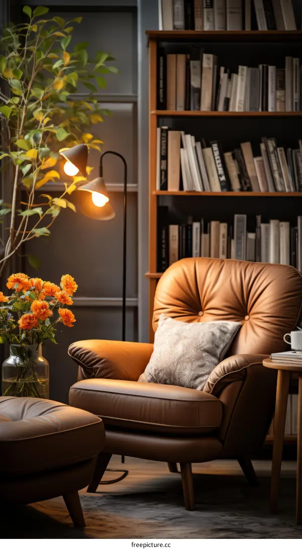 Stylish Leather Armchair in a Home Library by a Window