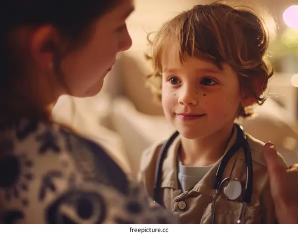 Little boy playing doctor with toy stethoscope with female adult