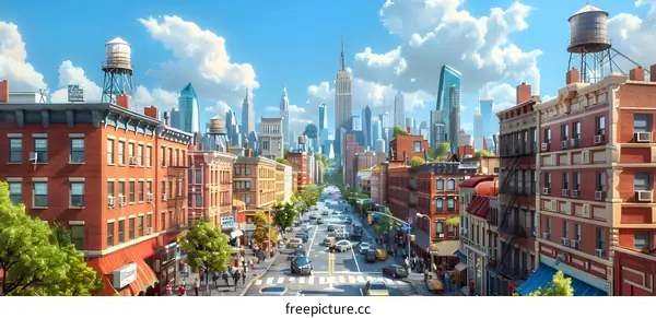 A crowded street with many cars and people walking