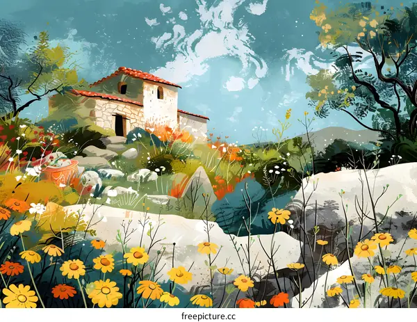 Small Stone House in the Countryside Landscape Painting