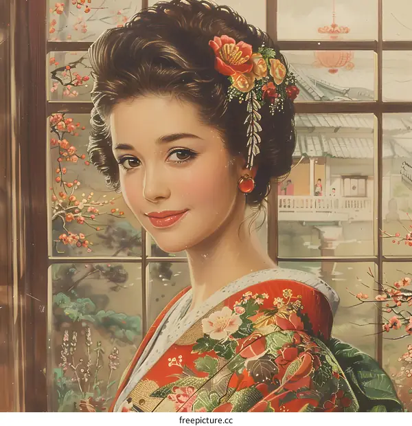 Vintage illustration of a Japanese woman in traditional kimono with floral hair ornament