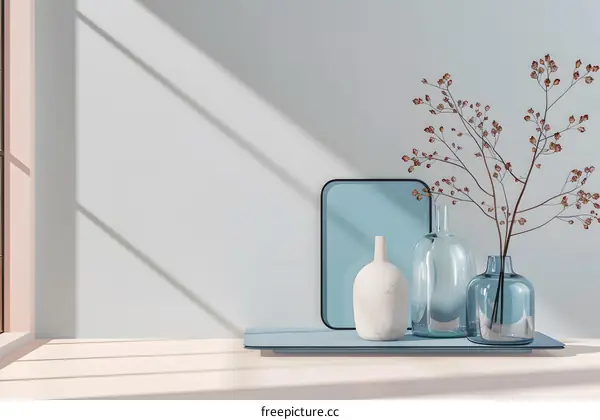 Minimalist Home Decor with Blue Vases and Dried Flowers