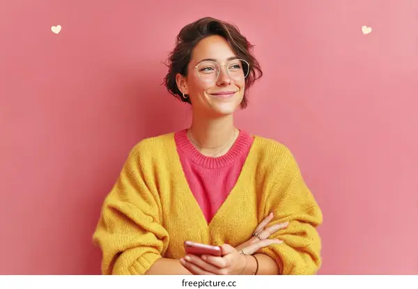 Smiling Woman in Yellow Cardigan and Pink Top