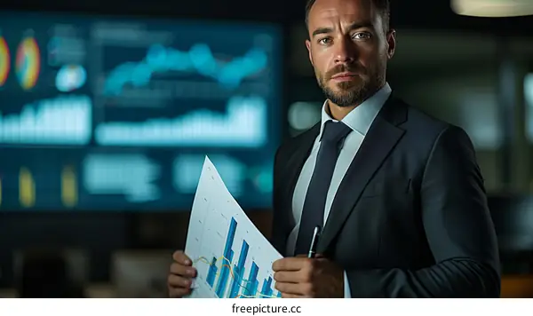 A businessman in a suit holding a paper with graphs and charts in the background