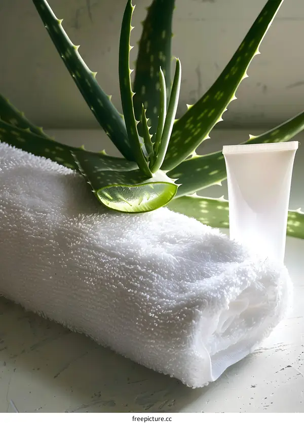 Aloe Vera Plant Leaf On Towel With Cream Tube