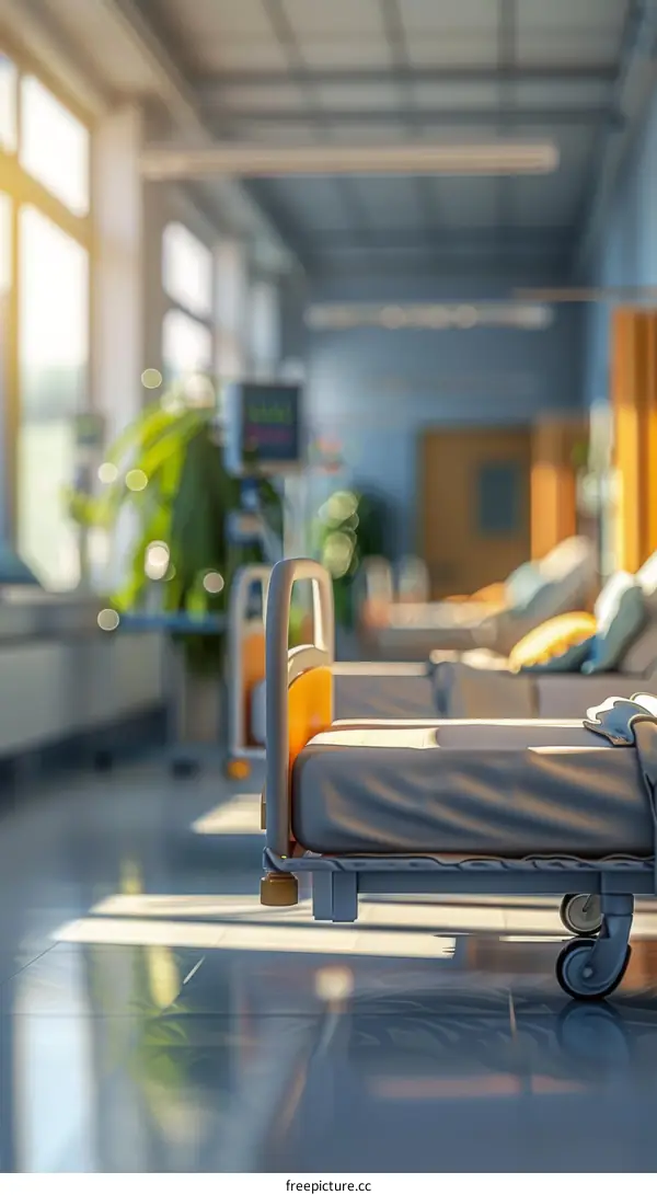 An empty hospital hallway with beds