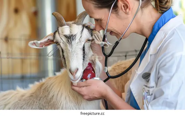 A veterinarian examines a goat's heart with a stethoscope