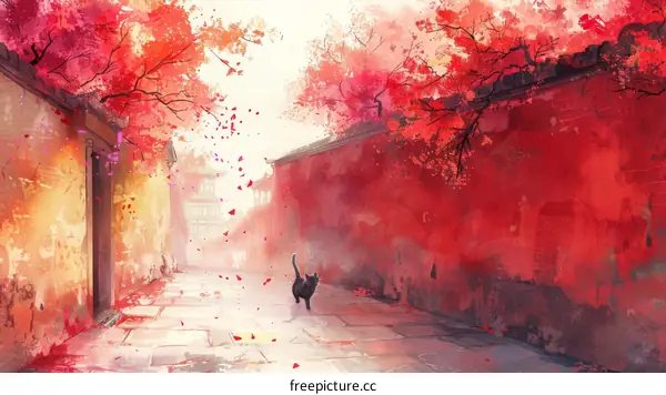 A red cat walking down a street with red walls and cherry blossoms